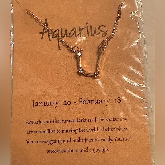 Aquarius Zodiac Necklace in Gold tone 18in with rhinestone - Picture 1 of 2